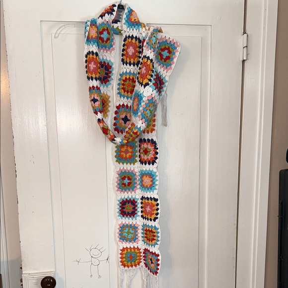 Granny Square Scarf with Fringe Cotton Crochet Knit Cottage Core Boho - Picture 1 of 4